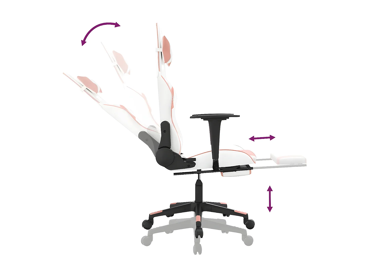 Silla gaming masaje y reposapiés cuero sintético blanco y rosa