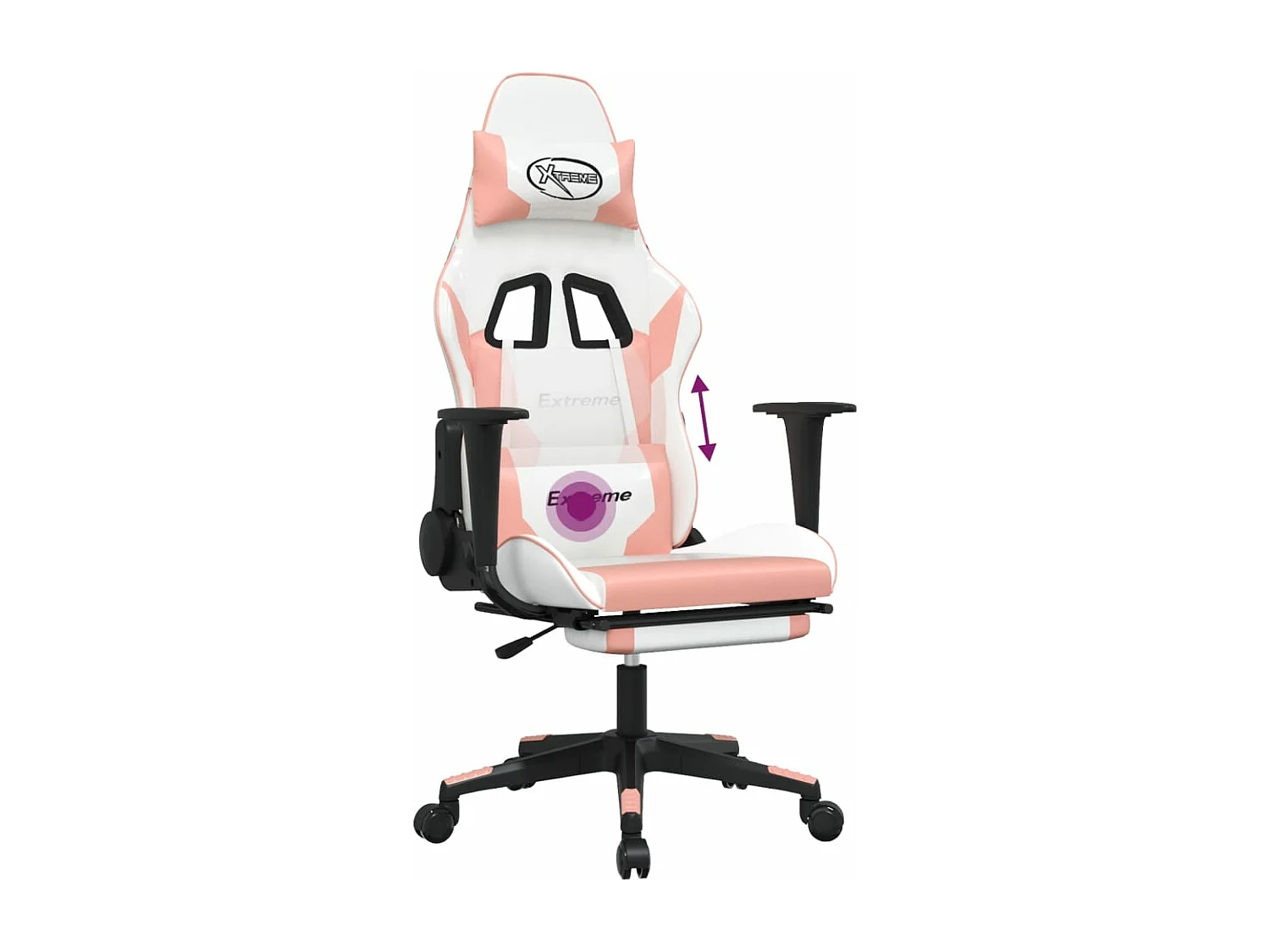 Silla gaming masaje y reposapiés cuero sintético blanco y rosa