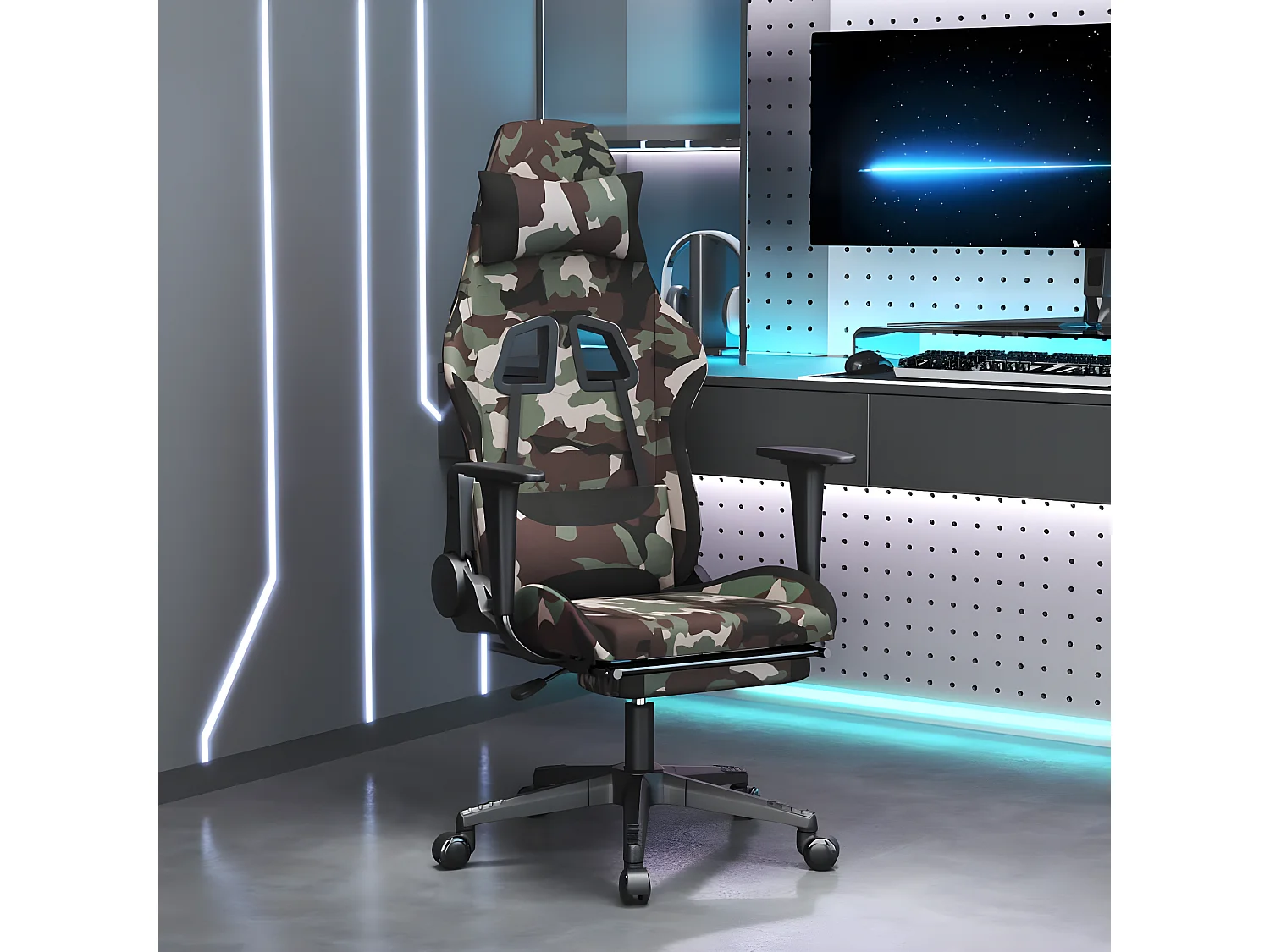 Silla gaming de masaje con reposapiés tela negro y camuflaje