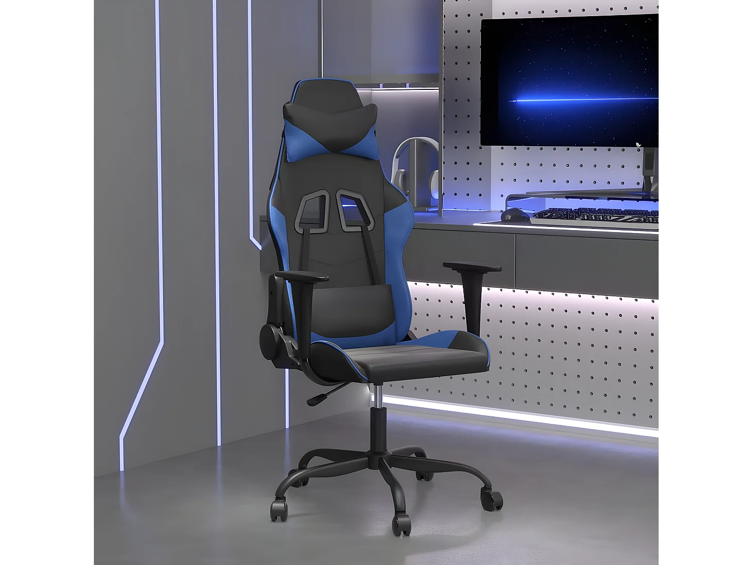 Cadeira gaming de massagens couro artificial preto e azul