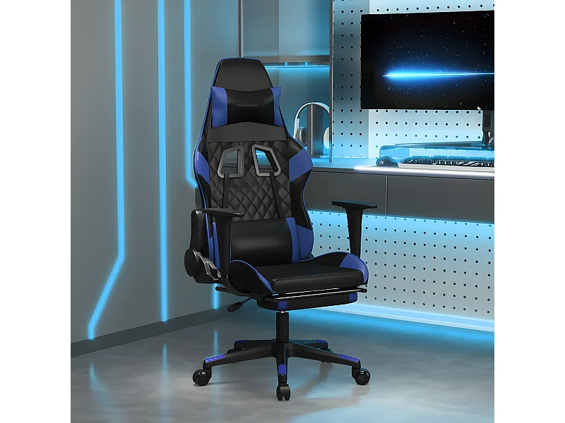 Cadeira gaming massagens c/ apoio pés couro artif. preto/azul