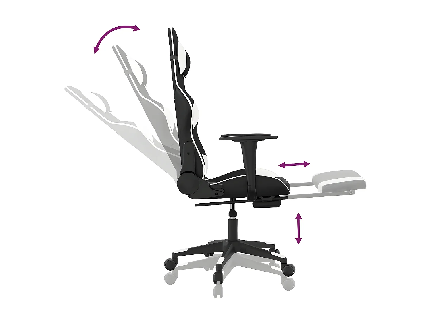 Cadeira gaming massagens c/ apoio pés couro artif. preto/branco