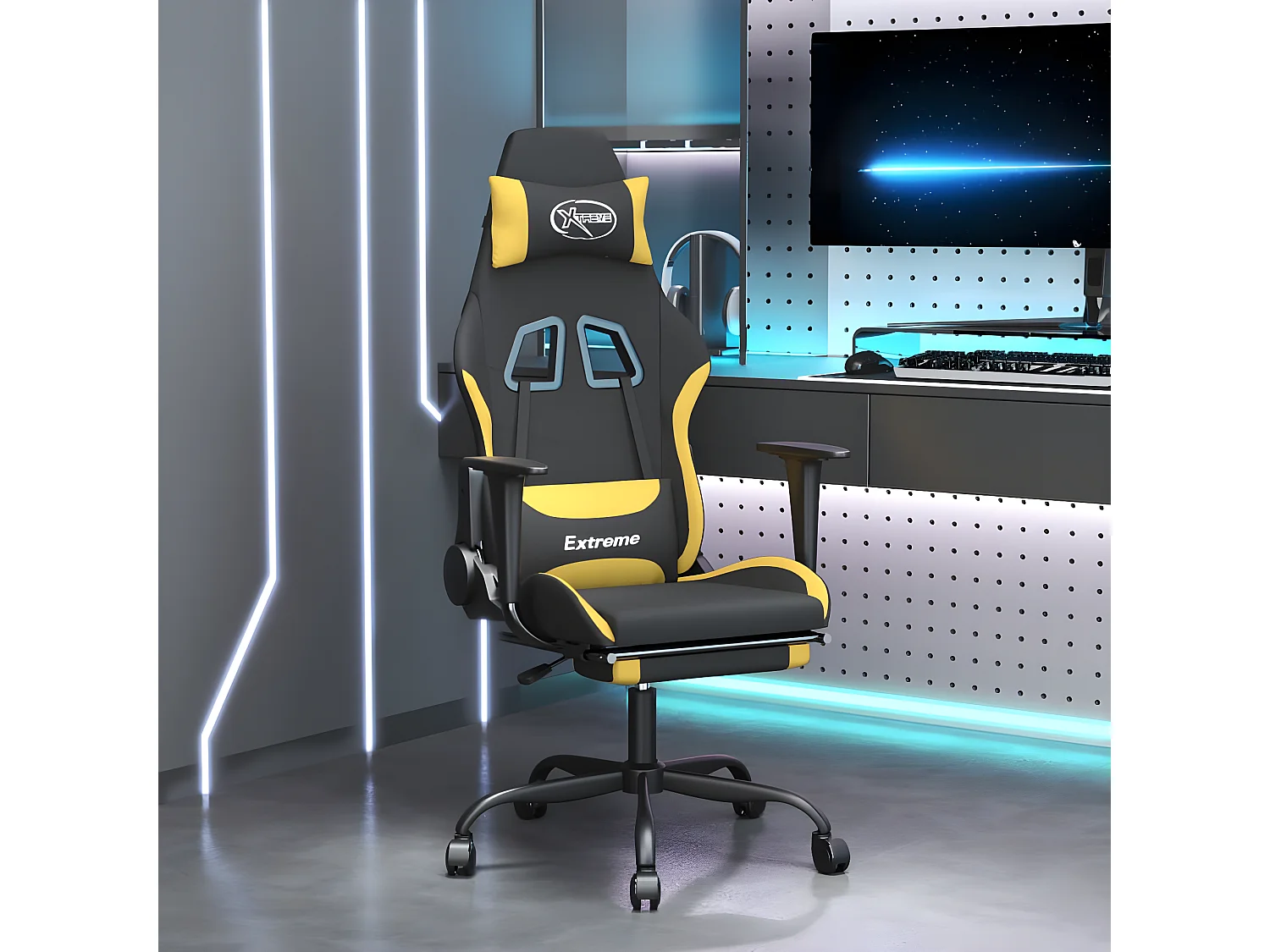 Silla gaming con reposapiés tela negro y amarillo