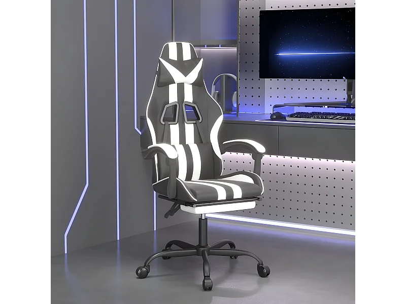Silla gaming con reposapiés cuero sintético negro blanco