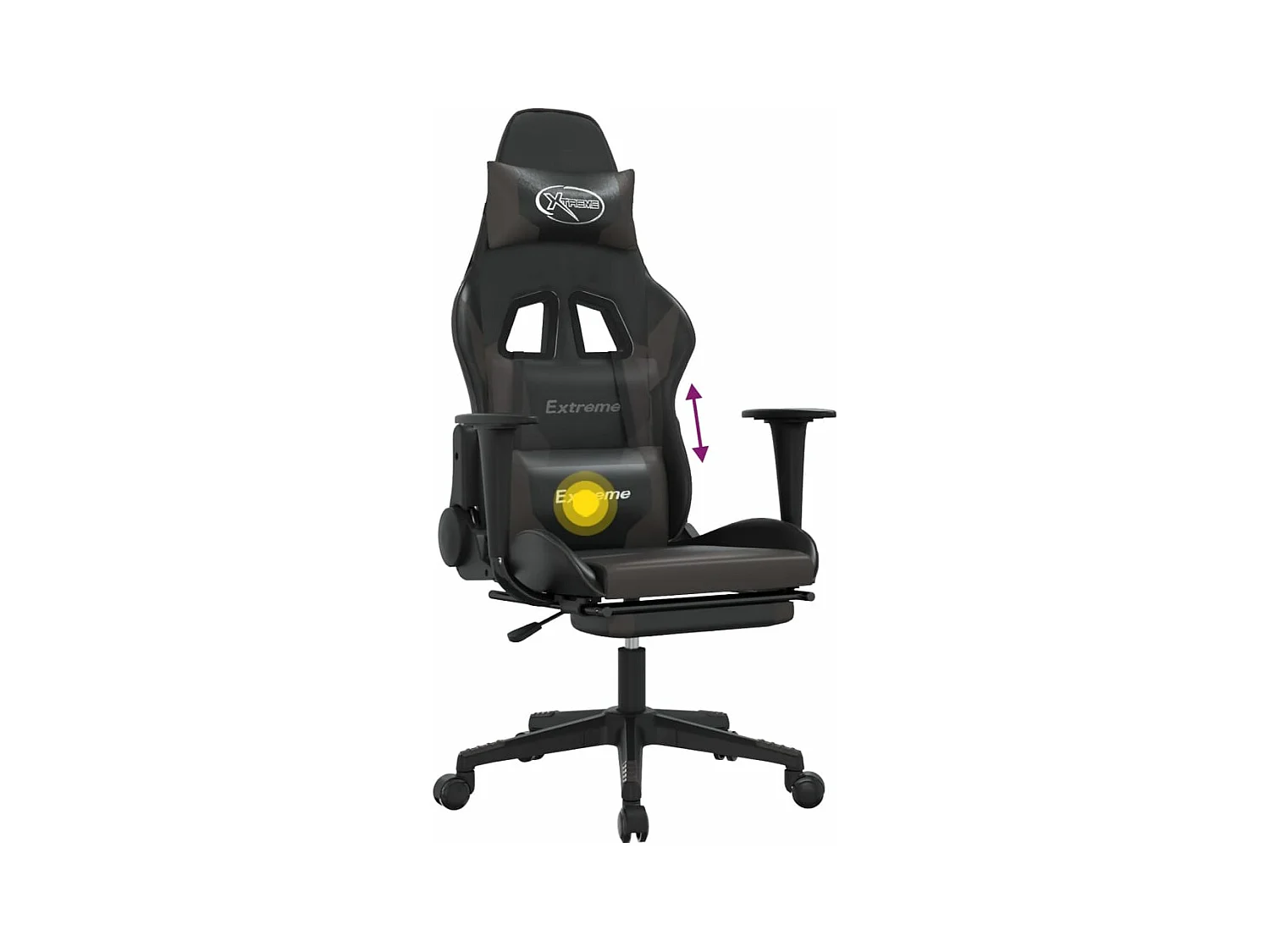 Cadeira gaming massagens c/ apoio pés couro artif. preto/cinza