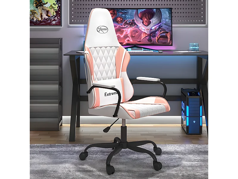 Cadeira gaming couro artificial branco e rosa