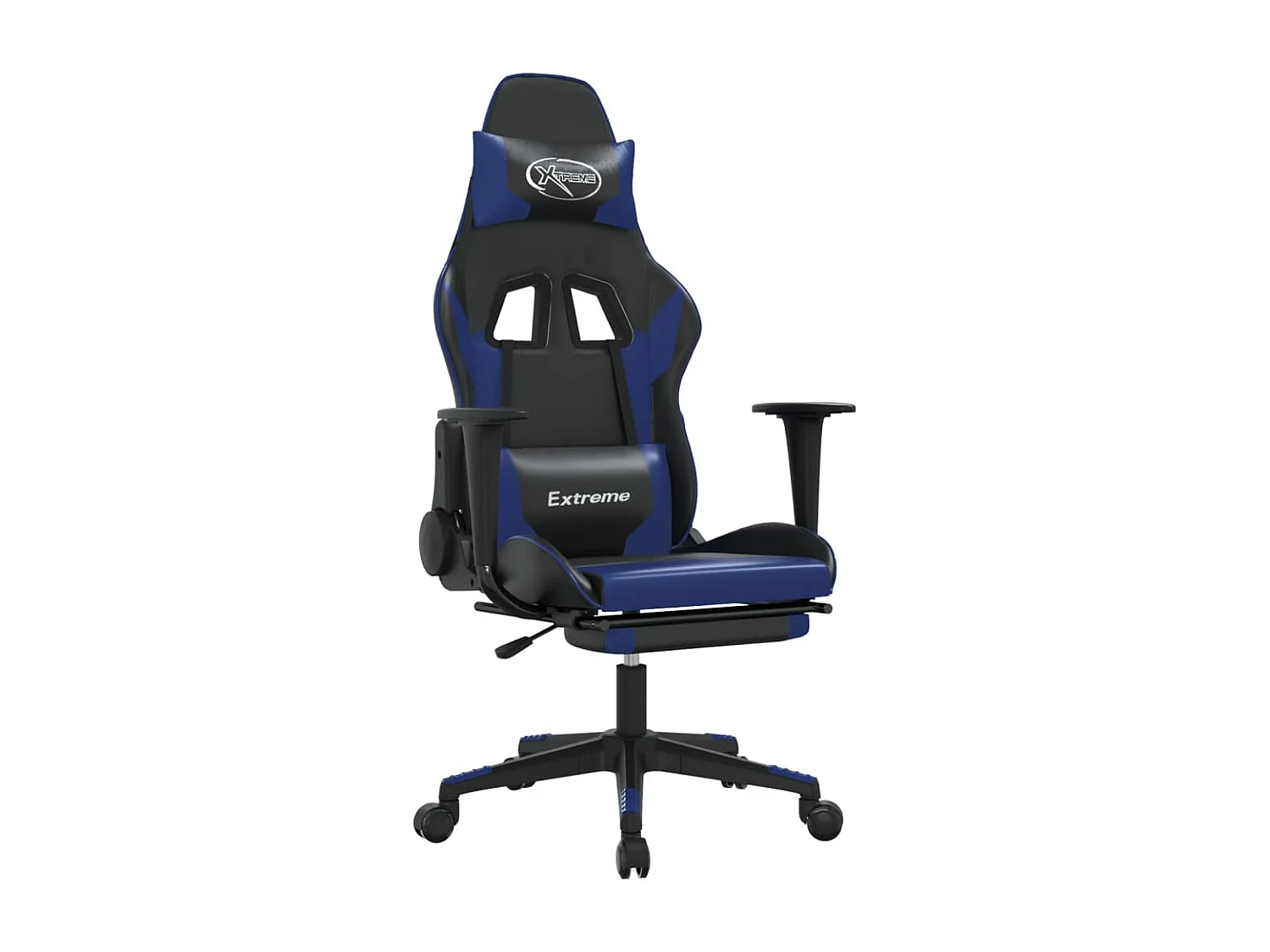 Cadeira gaming c/ apoio para pés couro artificial preto e azul
