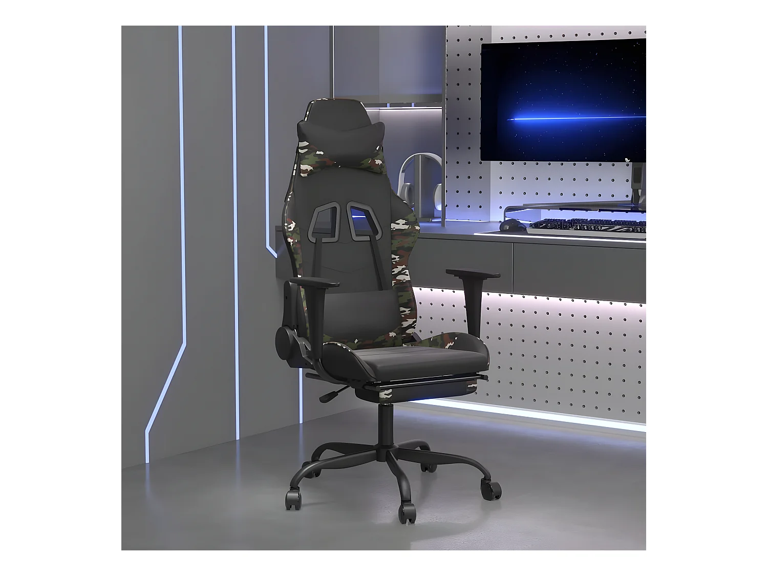 Cadeira gaming c/ apoio pés couro artificial preto e camuflado
