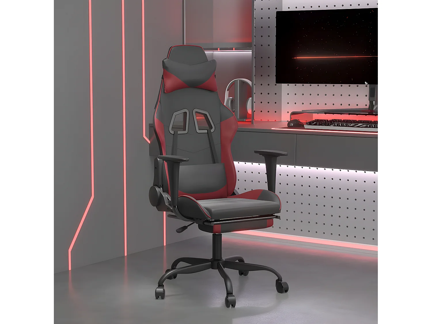 Cadeira gaming +apoio pés couro artificial preto/vermelho tinto