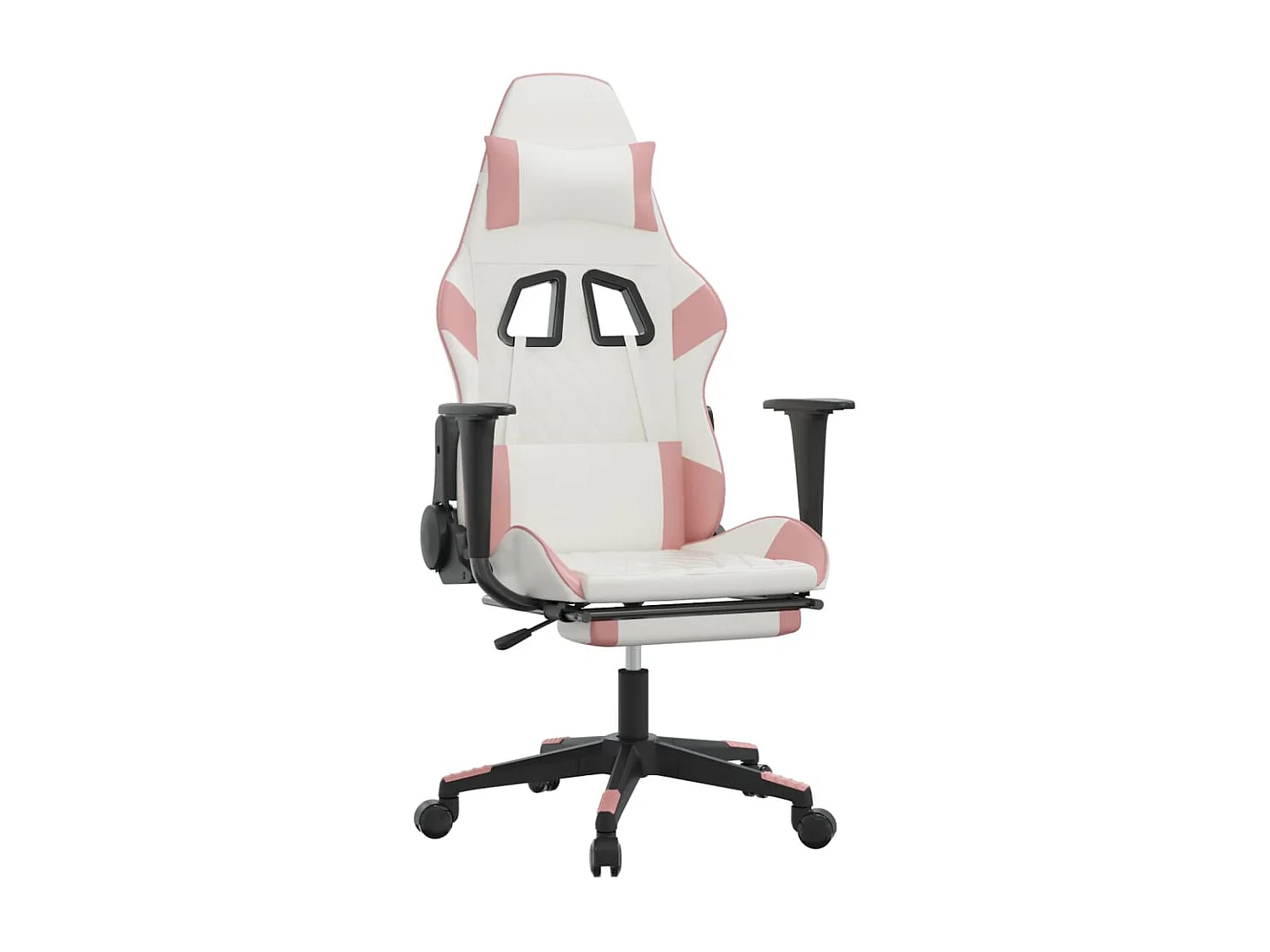 Silla gaming masaje y reposapiés cuero sintético blanco y rosa