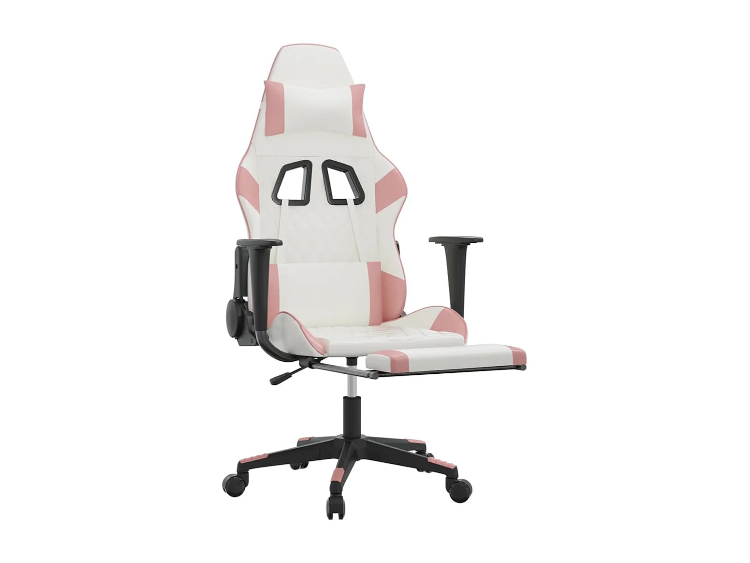Silla gaming masaje y reposapiés cuero sintético blanco y rosa