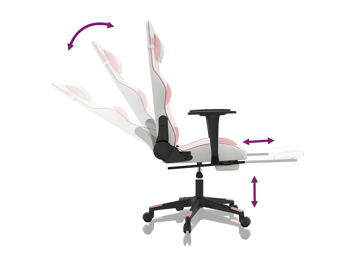 Silla gaming masaje y reposapiés cuero sintético blanco y rosa
