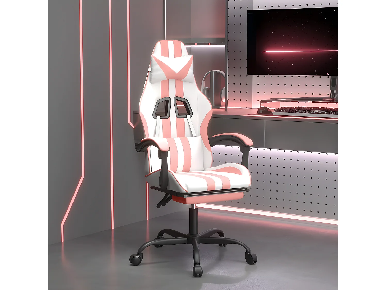 Gamestoel draaibaar met voetensteun kunstleer wit en roze