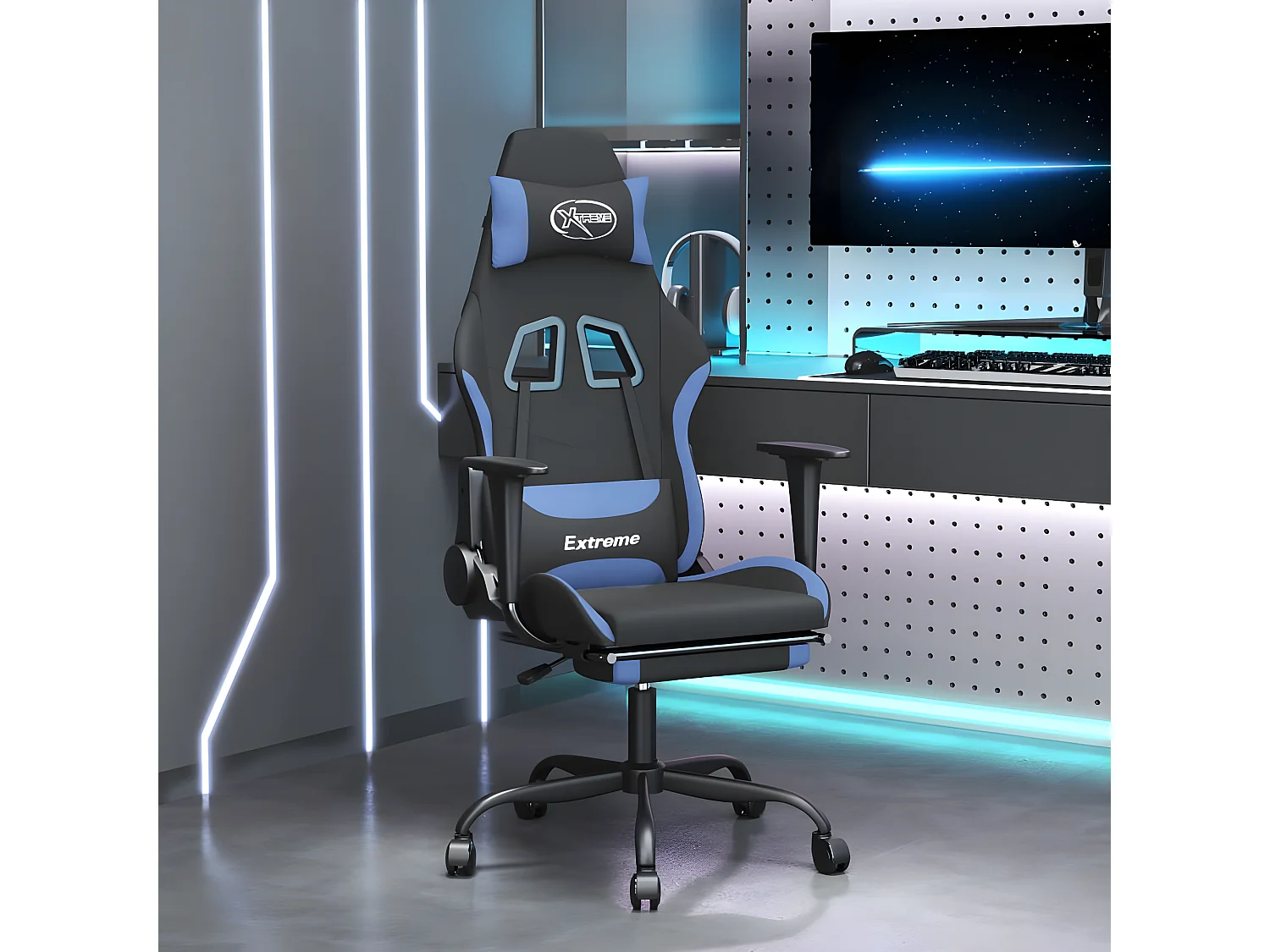 Silla gaming con reposapiés tela negro y azul