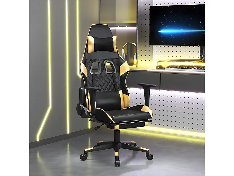 Silla gaming con reposapiés cuero sintético negro dorado