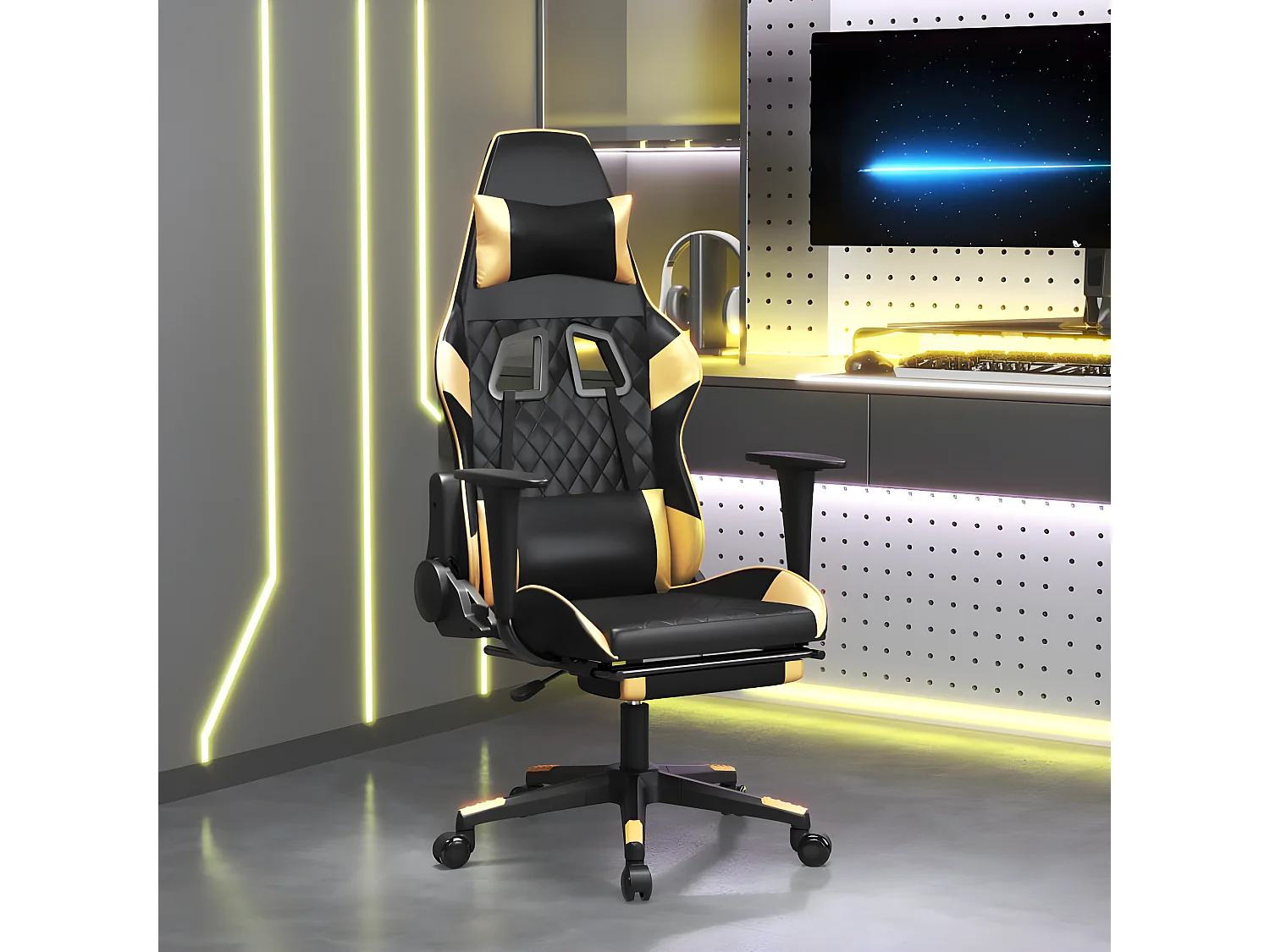 Silla gaming con reposapiés cuero sintético negro dorado
