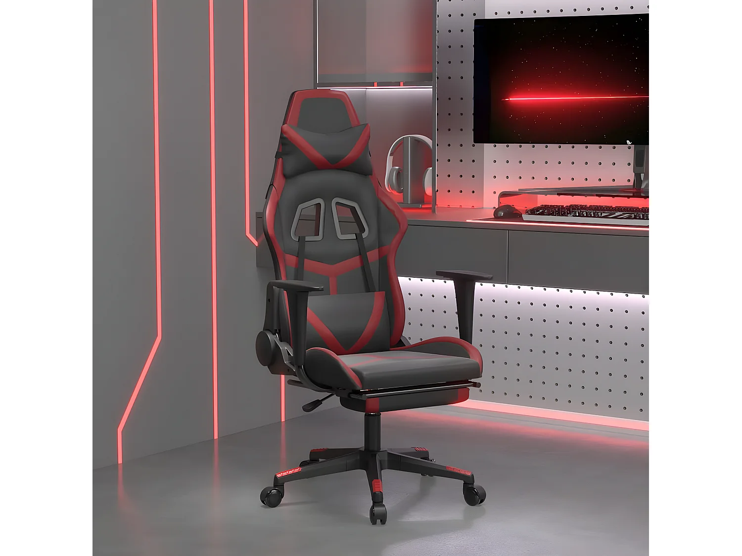 Silla gaming masaje reposapiés cuero sintético negro rojo tinto
