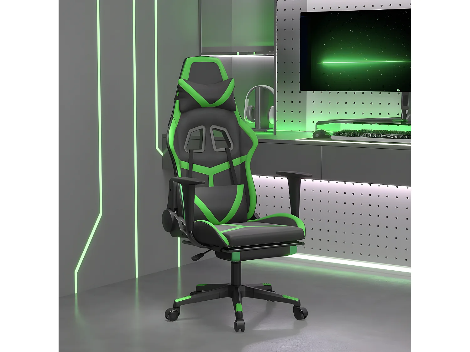 Cadeira gaming massagens c/ apoio pés couro artif. preto/verde