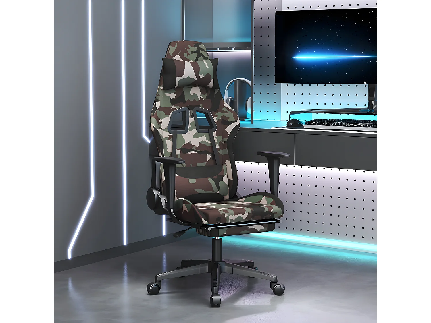 Silla gaming con reposapiés tela negro y camuflaje