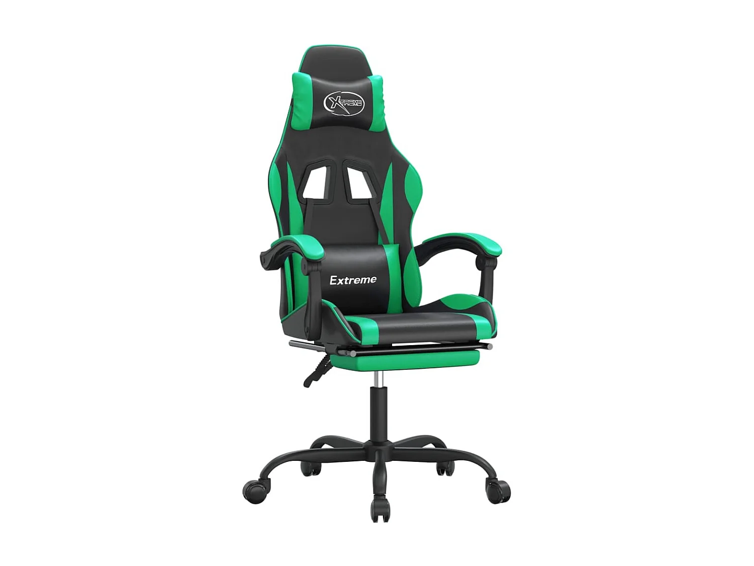 Silla gaming giratoria y reposapiés cuero sintético negro verde