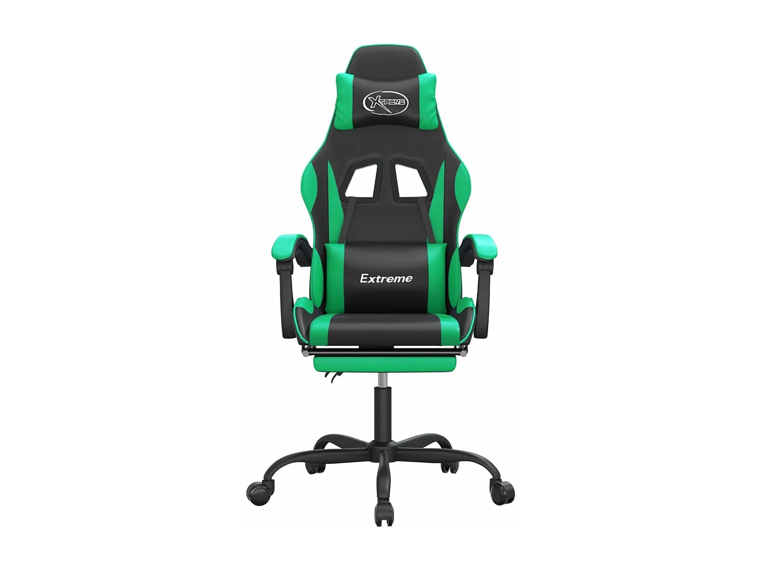 Silla gaming giratoria y reposapiés cuero sintético negro verde