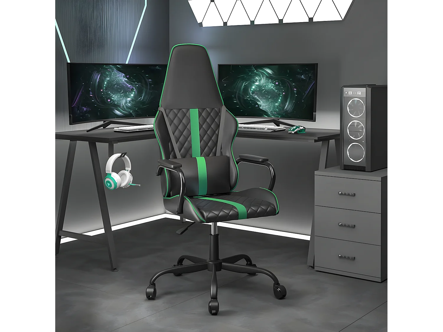 Cadeira gaming couro artificial preto e verde