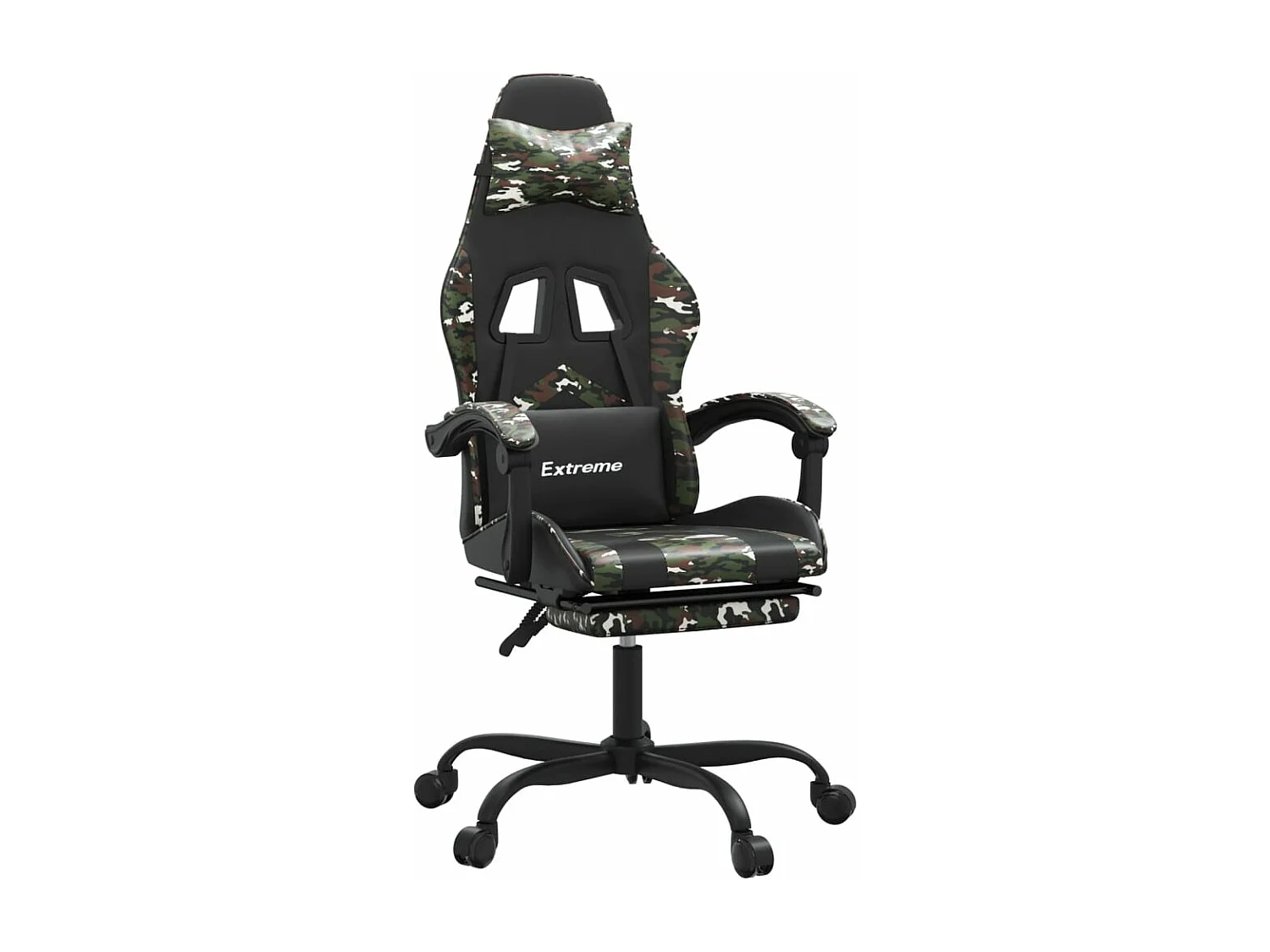 Cadeira gaming giratória + apoio pés couro art. preto/camuflado