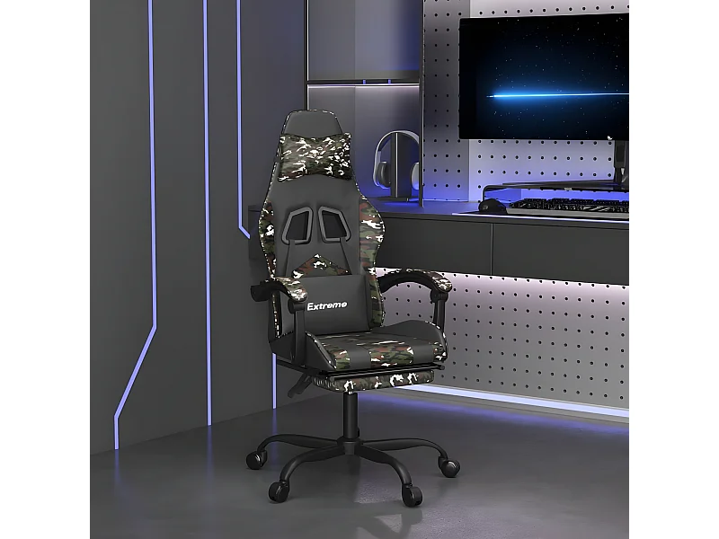 Cadeira gaming giratória + apoio pés couro art. preto/camuflado