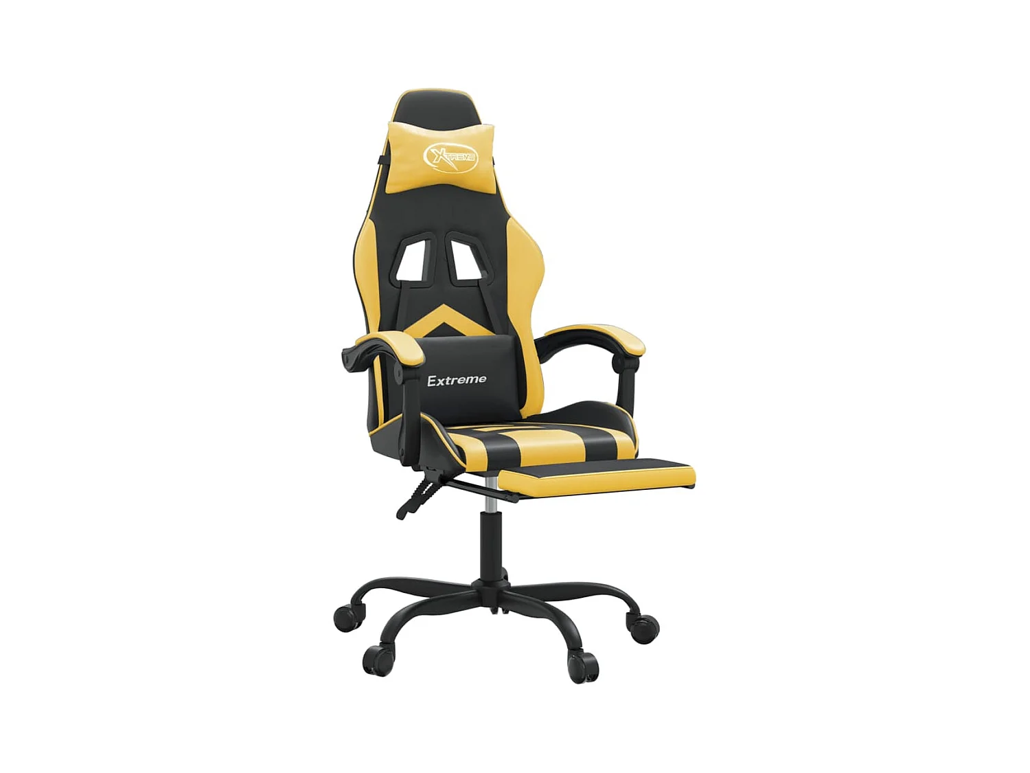Cadeira gaming c/ apoio pés couro artificial preto e dourado