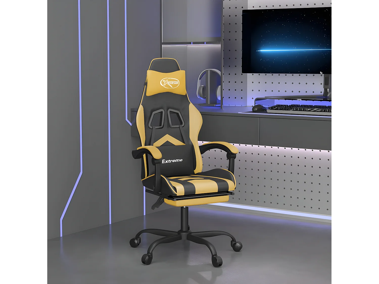 Chaise de jeu avec repose-pied Noir et doré Similicuir