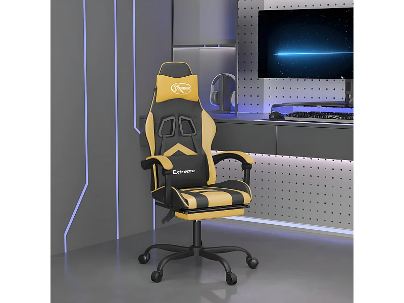 Cadeira gaming c/ apoio pés couro artificial preto e dourado