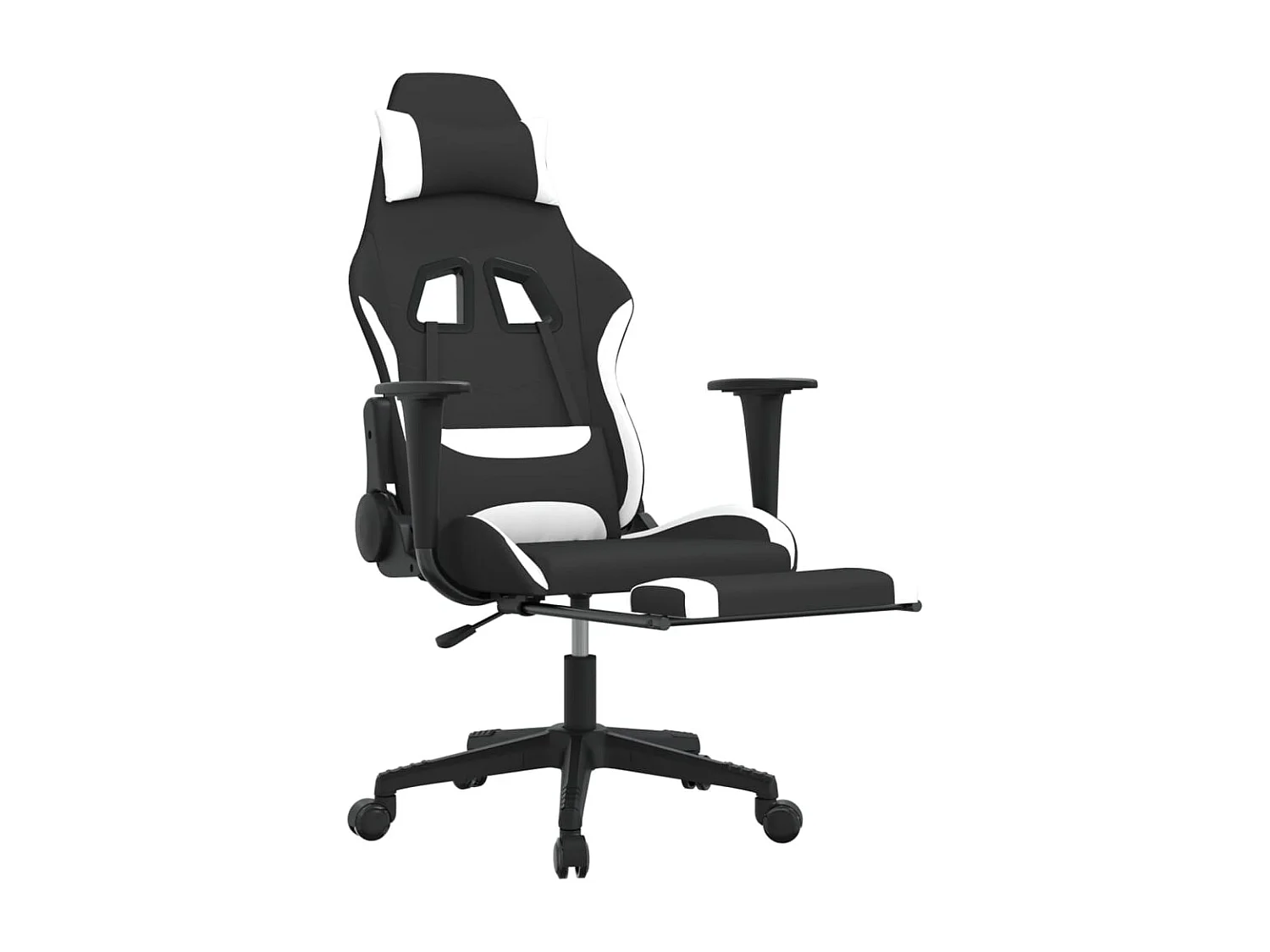 Silla gaming de masaje con reposapiés tela negro y blanco