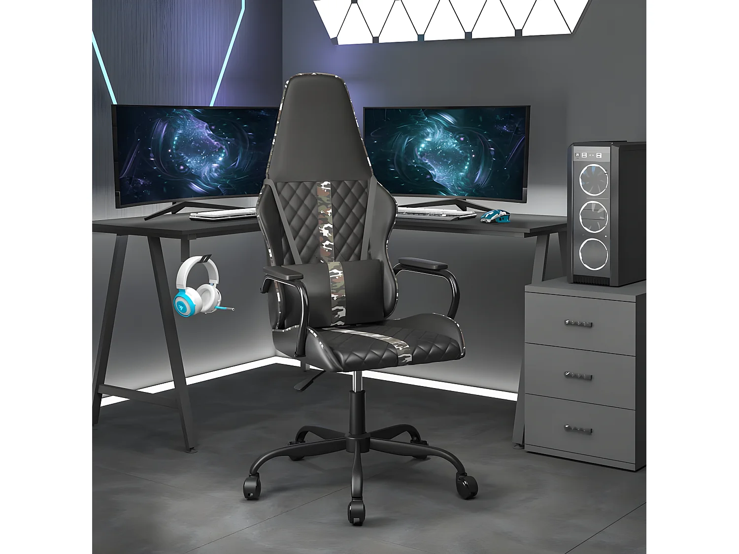 Chaise de jeu de massage camouflage et noir similicuir