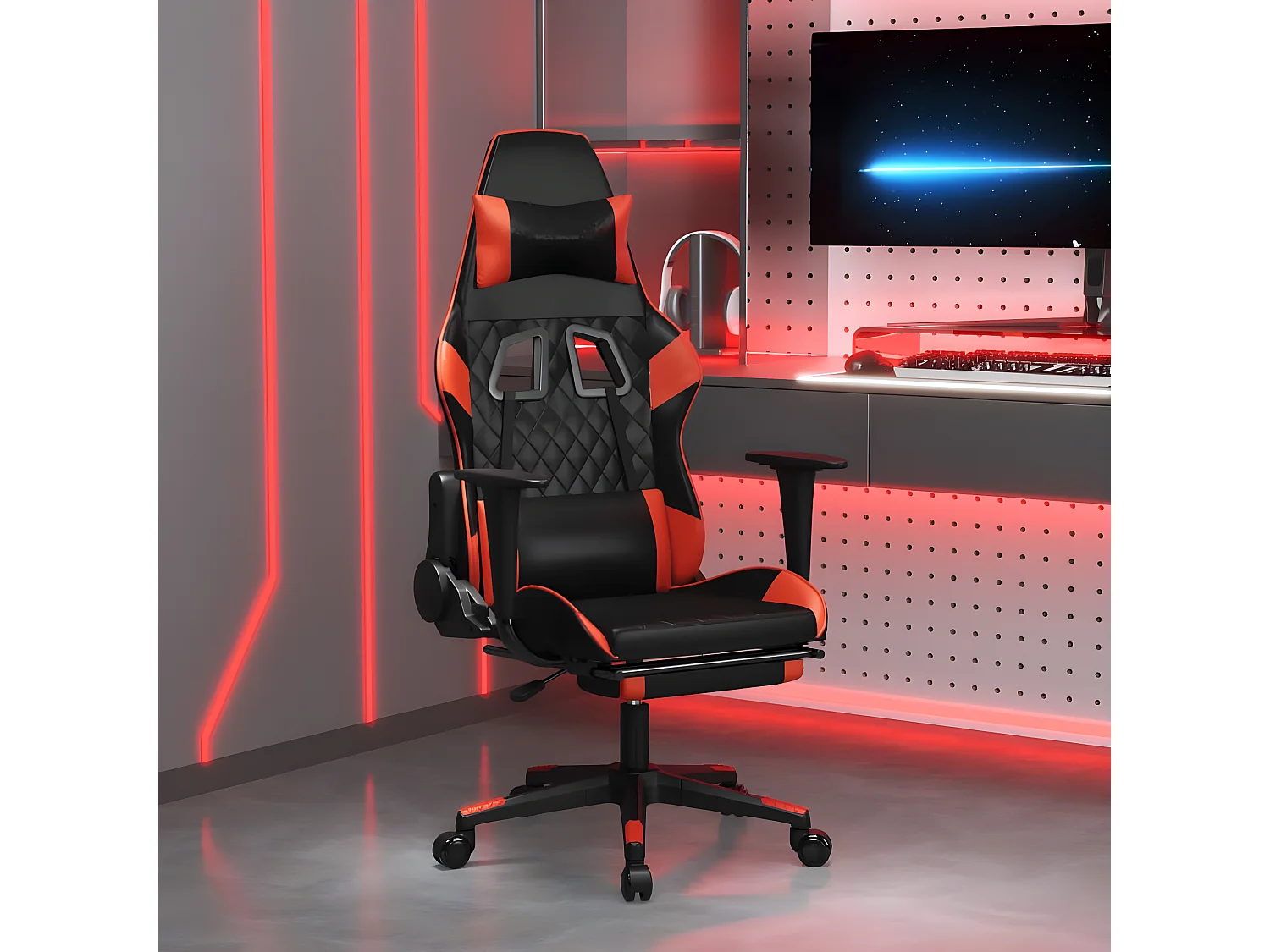 Cadeira gaming massagem + apoio pés couro artif. preto/vermelho