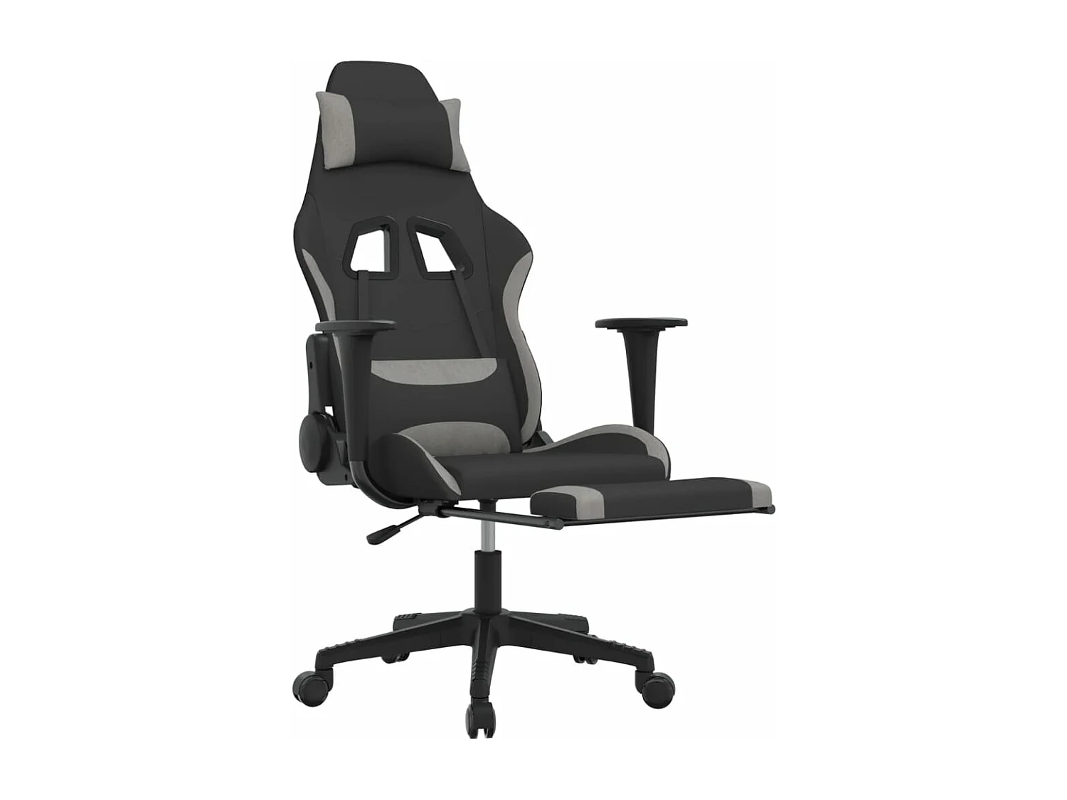 Cadeira de gaming com apoio de pés tecido preto e cinza-claro