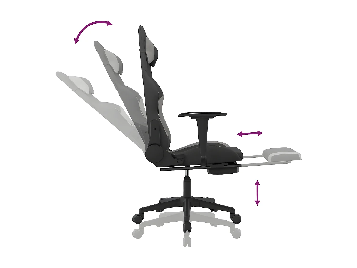 Cadeira de gaming com apoio de pés tecido preto e cinza-claro