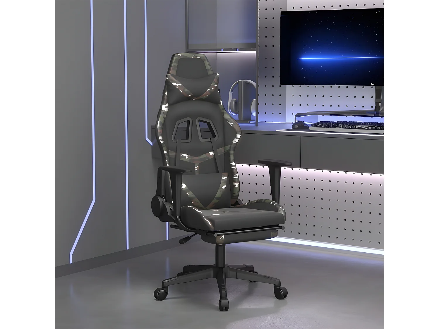 Silla gaming masaje reposapiés cuero sintético negro camuflaje