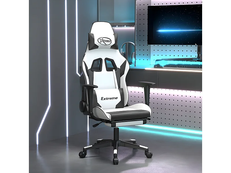 Cadeira gaming massagens c/ apoio pés couro artif. Branco/preto