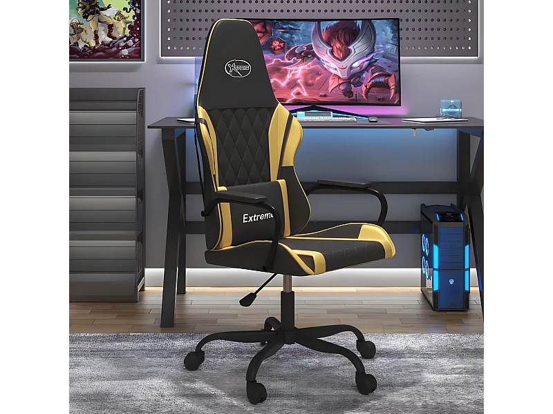 Silla gaming de masaje cuero sintético negro y dorado