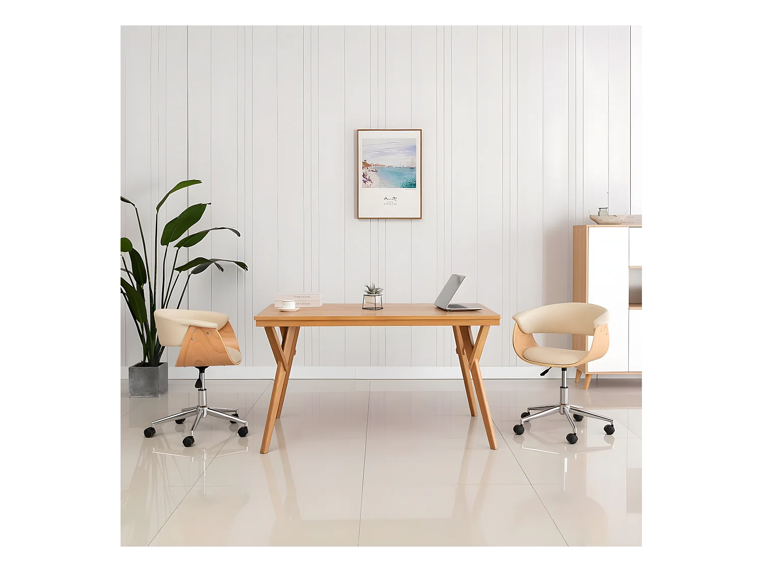 Chaise pivotante de bureau Crème Bois courbé et similicuir