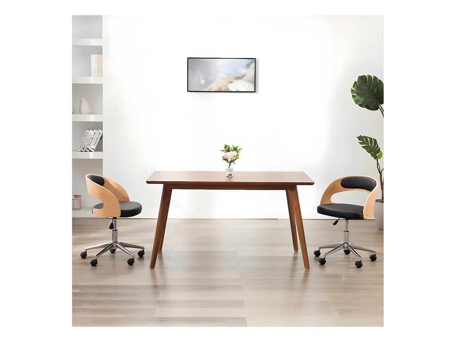 Chaise pivotante de bureau Noir Bois courbé et similicuir