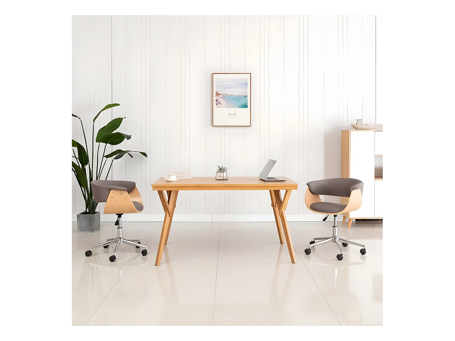 Chaise pivotante de bureau Taupe Bois courbé et tissu