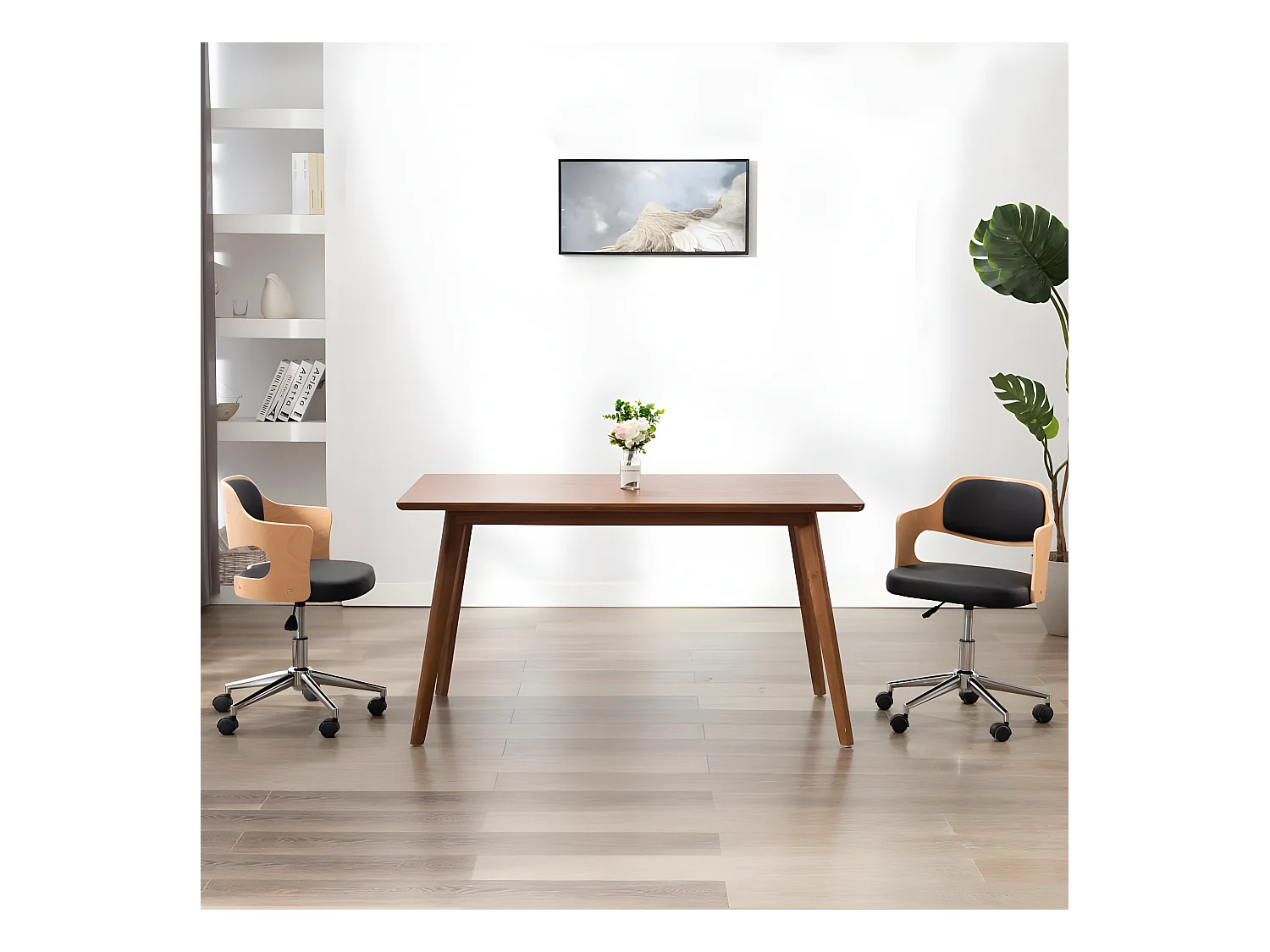 Chaise pivotante de bureau Noir Bois courbé et similicuir