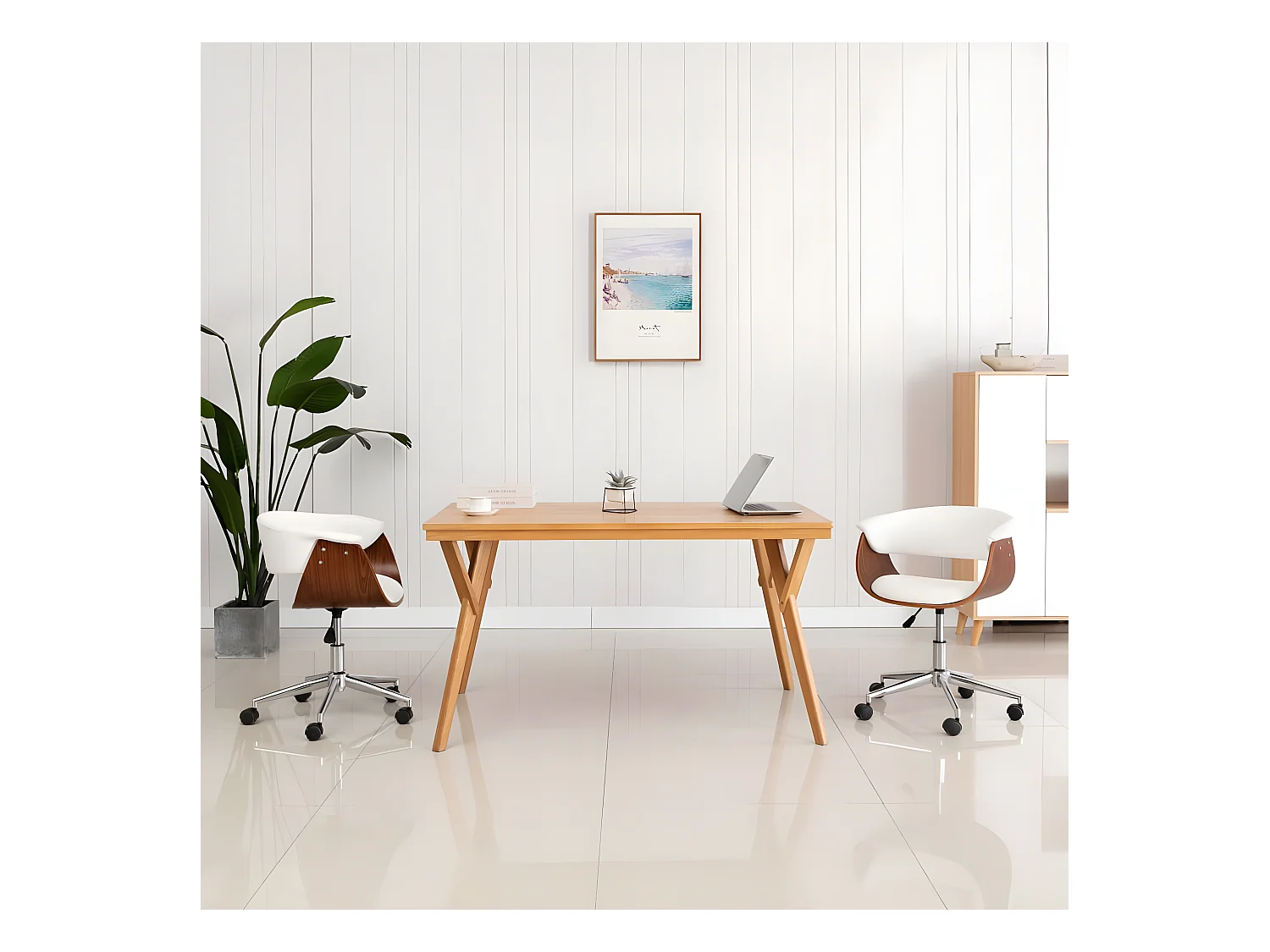 Chaise pivotante de bureau Blanc Bois courbé et similicuir