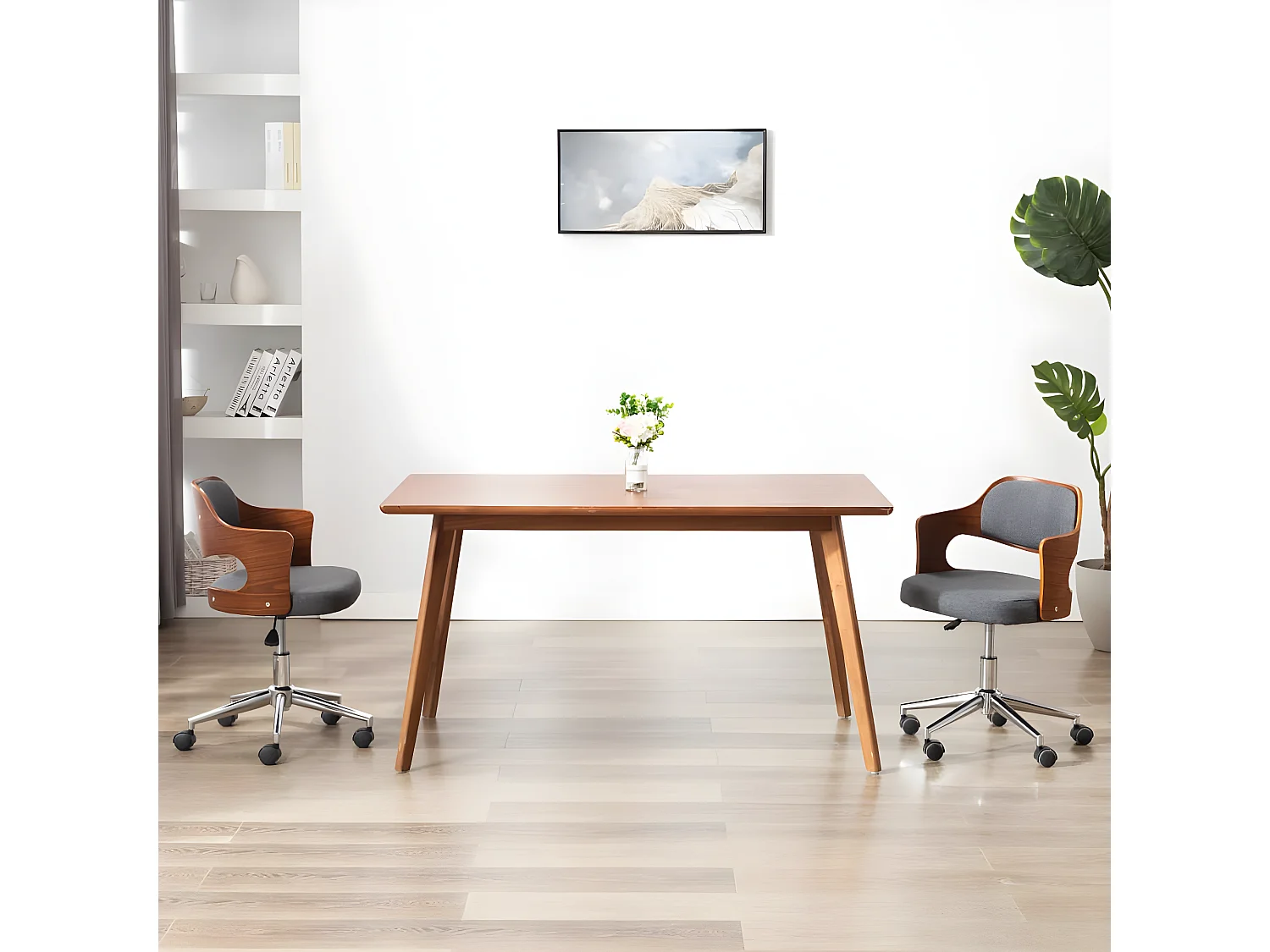 Silla de oficina giratoria de madera curvada y tela gris