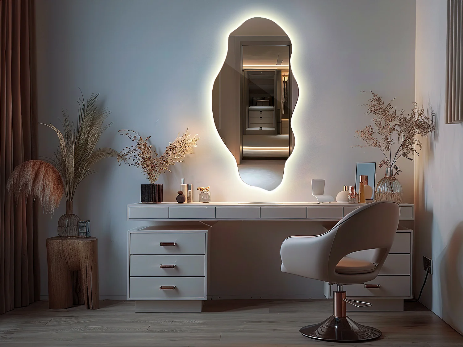 Miroir mural irrégulier unique pour le maquillage, éclairage LED organique  40 cm x 80 cm - lumière neutre