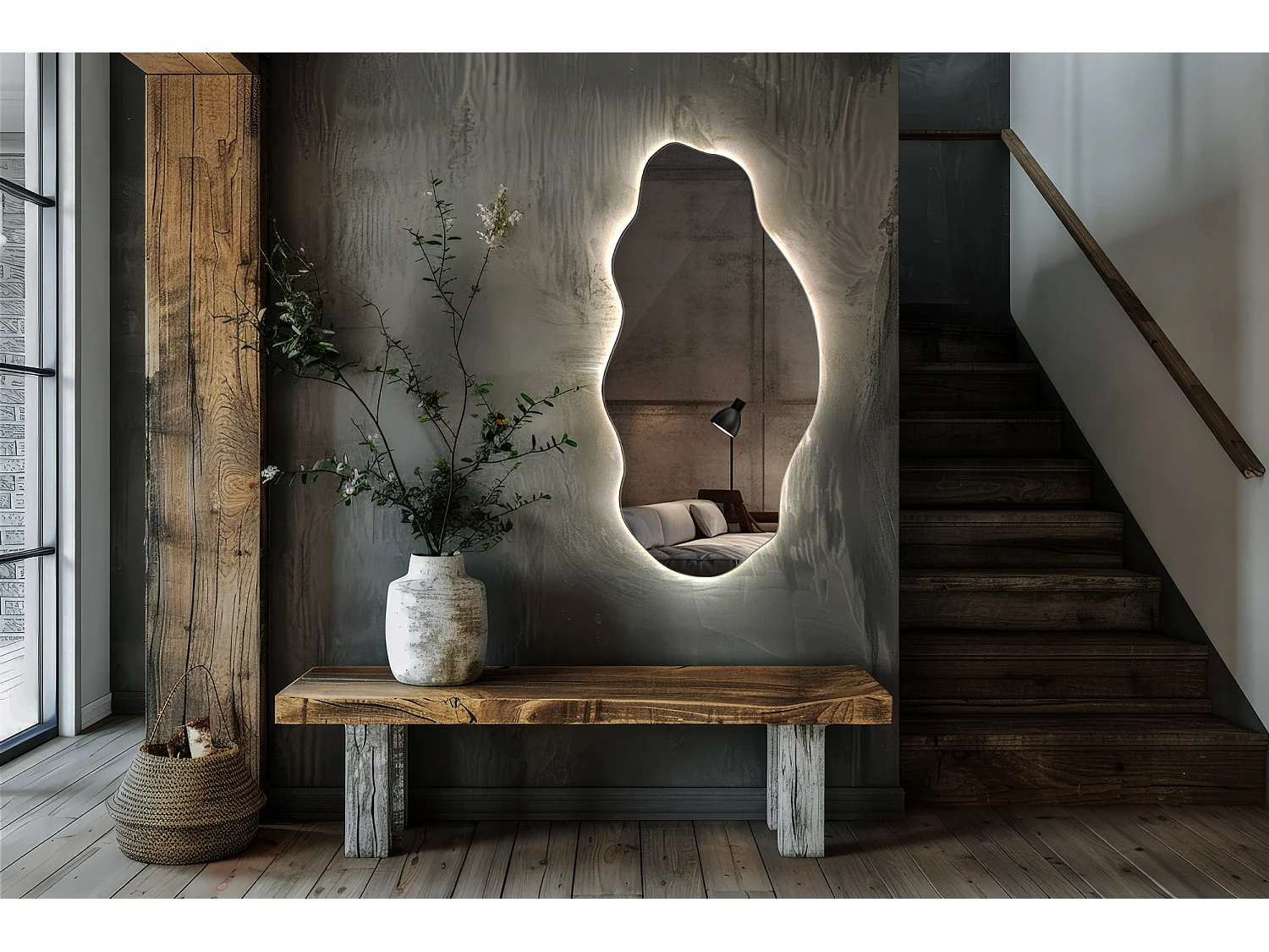 Miroir mural irrégulier unique pour le maquillage, éclairage LED organique  40 cm x 80 cm - lumière neutre