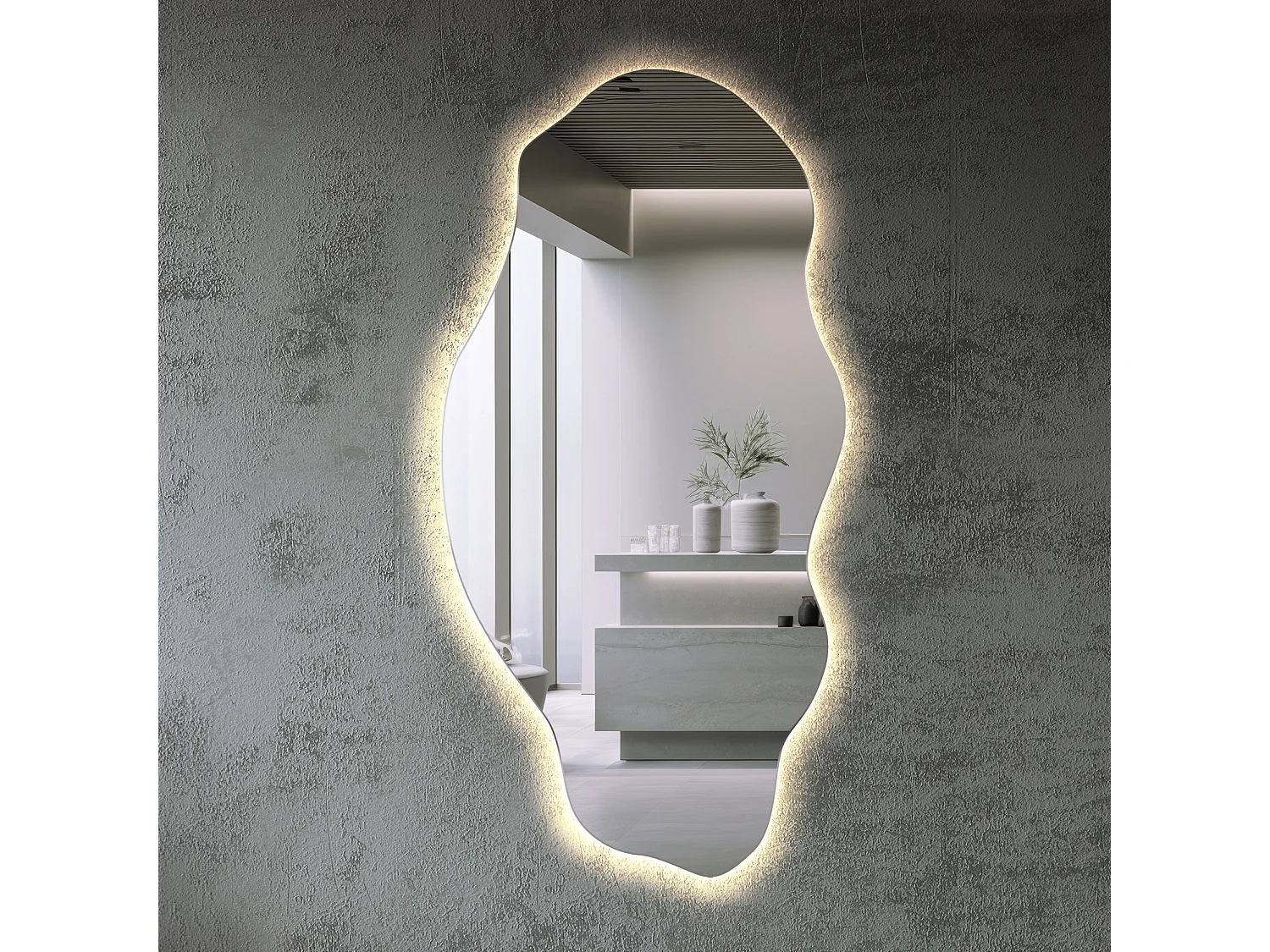 Miroir LED 50x100 Cm Design Organique Ondulé – Éclairage Indirect 3 Couleurs (3000K/4000K/6000K) | Pour Salle De Bain, Salon, Chambre
