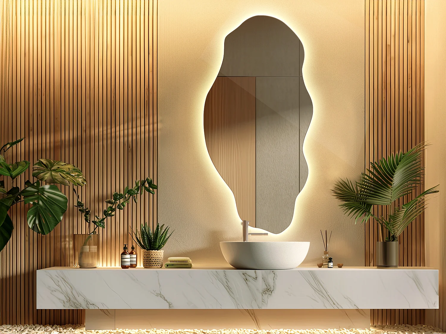 Miroir de Salle de Bain LED Décoratif Irrégulier Premium Prêt à Poser 45 cm x 90 cm - Lumière Chaude