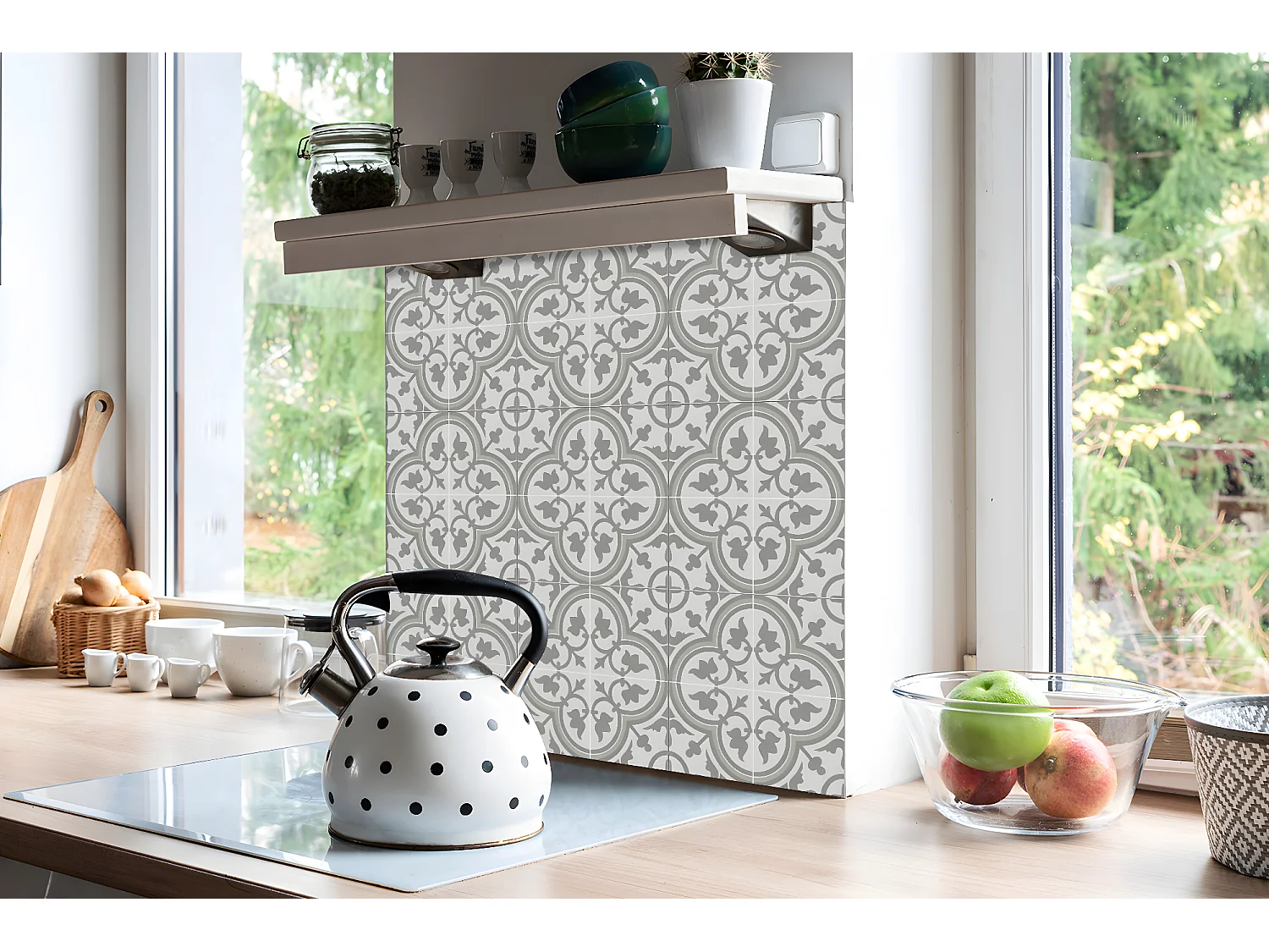 Carreaux autocollants PVC, Carrelage PVC adhésif - 9x30x30 - Fleurs grises ethniques